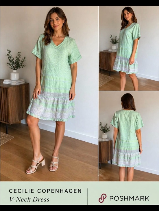 Cecilie Copenhagen Dresses & Skirts - Cecilie Copenhagen Light Mint V-Neck Tiered Mini Dress